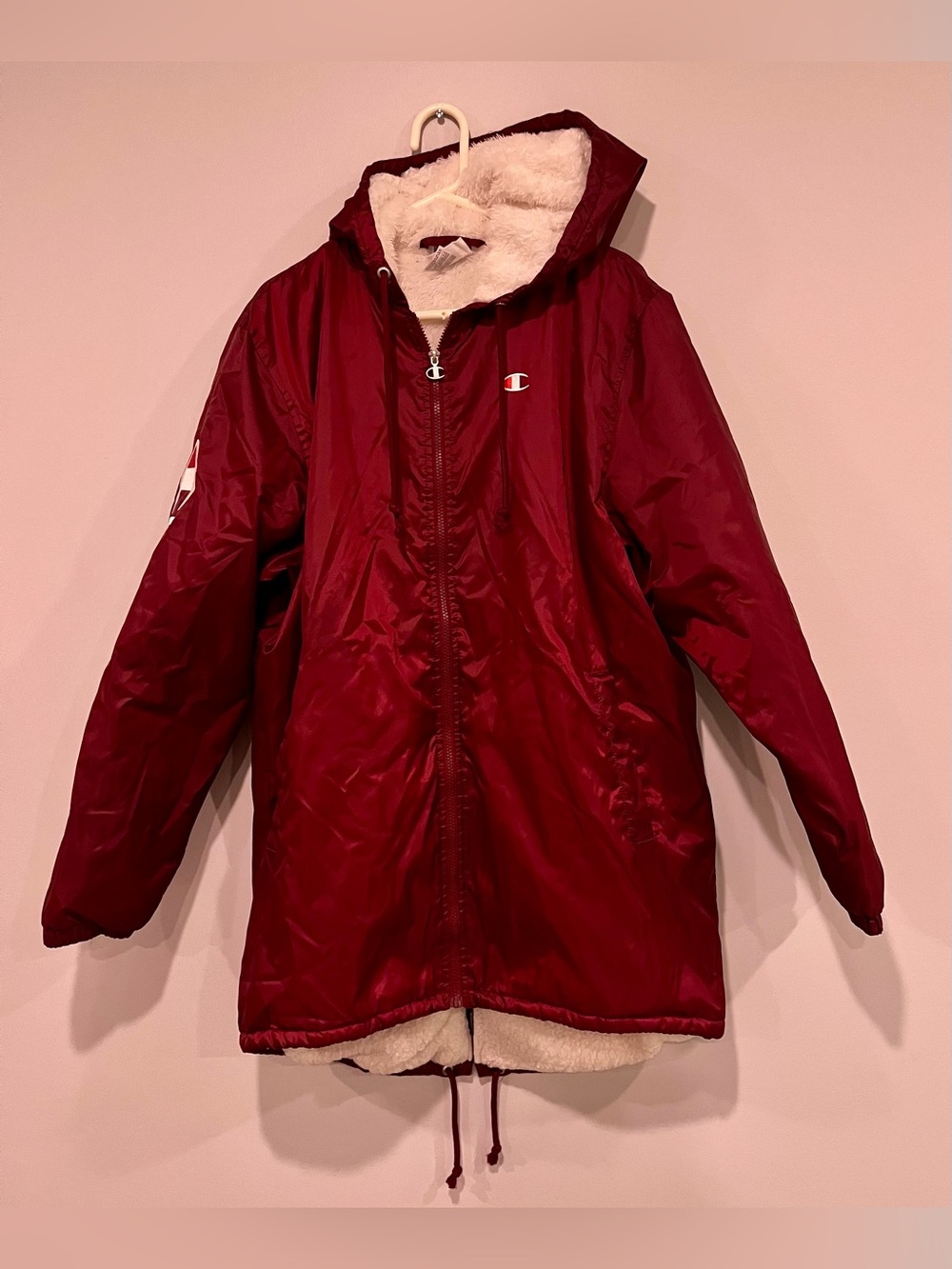 Champion Men's Large Burgundy Red Sherpa Lined Hooded Stadium Logo Jacket